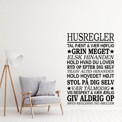 Husregler grin meget, stol på dig selv & giv aldrig op | wallsticker