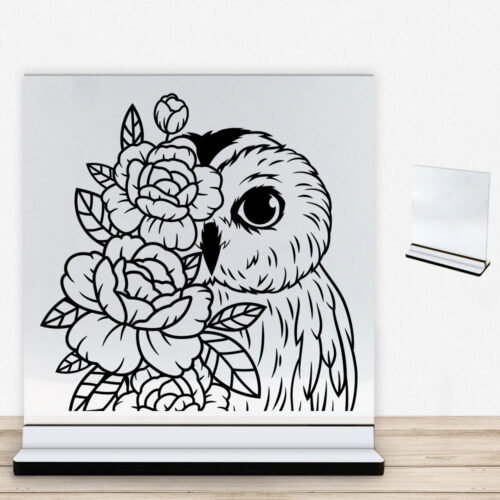 Ugle m. blomster design 2 | Glasskilt inkl. fod med farvet overflade