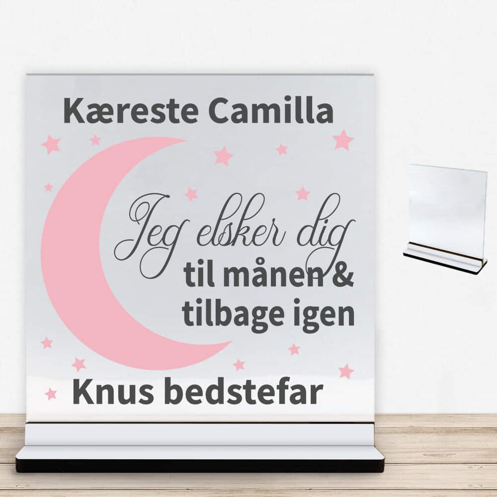Elsker dig til månen & tilbage | Glasskilt inkl. fod med farvet overflade