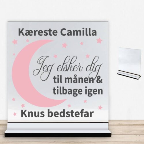 Elsker dig til månen & tilbage | Glasskilt inkl. fod med farvet overflade