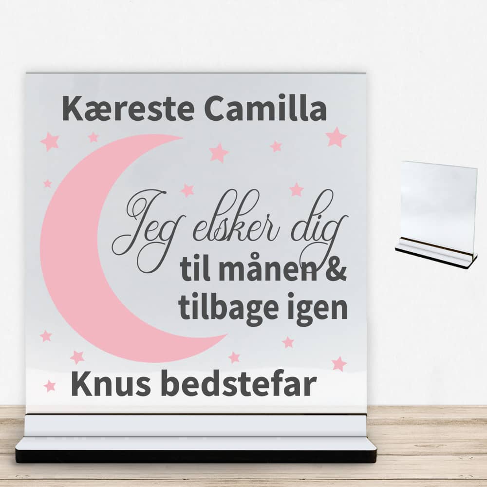 Elsker dig til månen & tilbage | Glasskilt inkl. fod med farvet overflade