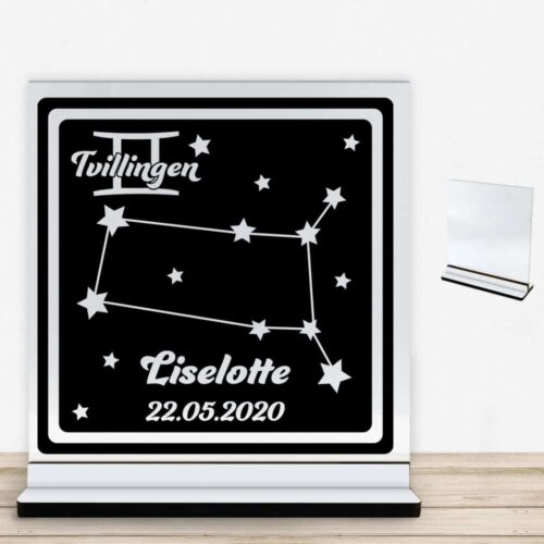 Stjernetegn "look at the stars" - Tvillingen | Glasskilt inkl. fod med farvet overflade