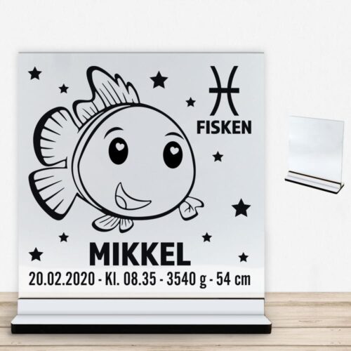 Stjernetegn design 2 - Fisken | Glasskilt inkl. fod med farvet overflade