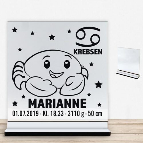 Stjernetegn design 2 - Krebsen | Glasskilt inkl. fod med farvet overflade