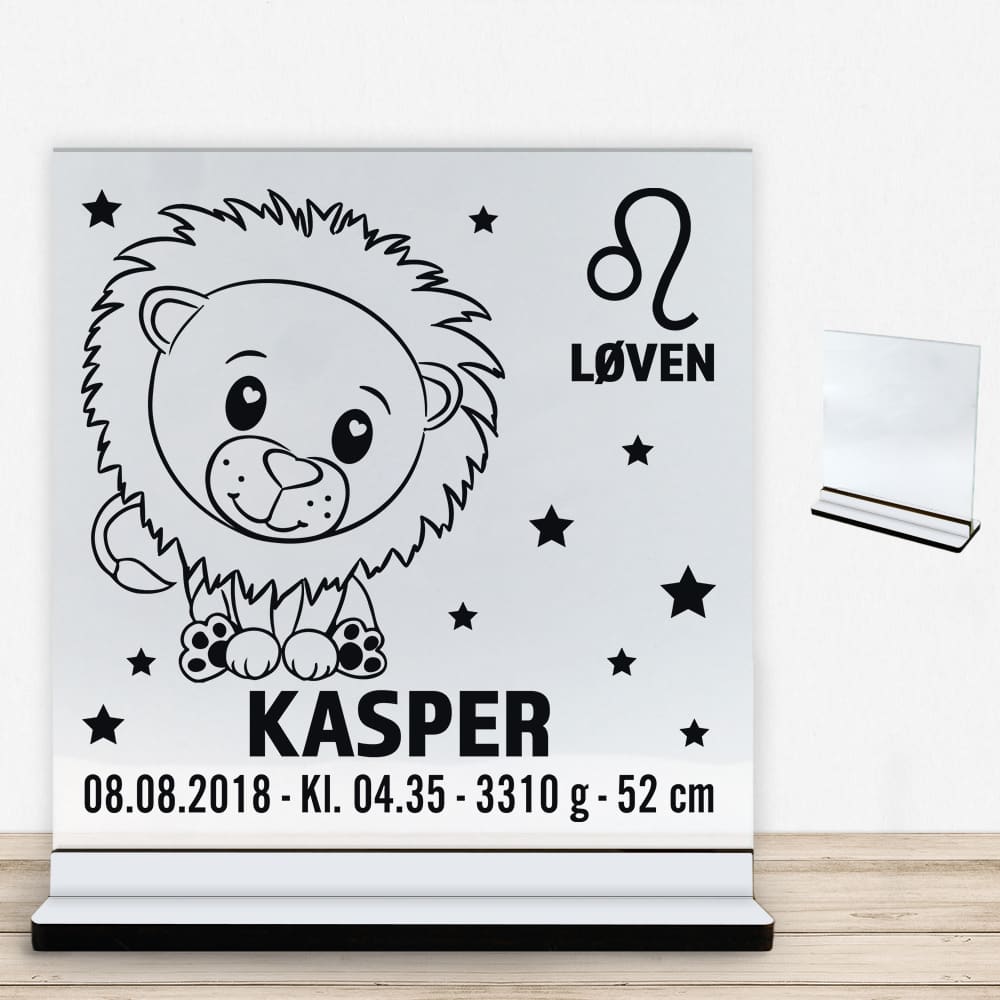 Stjernetegn design 2 - Løven | Glasskilt inkl. fod med farvet overflade