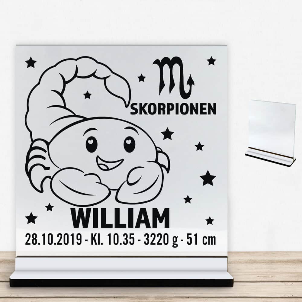 Stjernetegn design 2 - Skorpionen | Glasskilt inkl. fod med farvet overflade