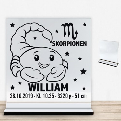 Stjernetegn design 2 - Skorpionen | Glasskilt inkl. fod med farvet overflade
