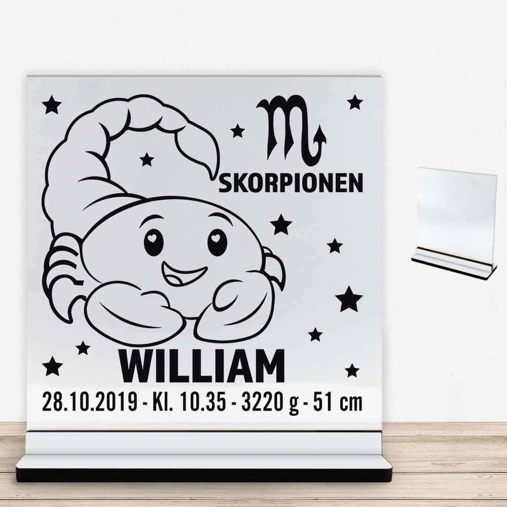 Stjernetegn design 2 - Skorpionen | Glasskilt inkl. fod med farvet overflade