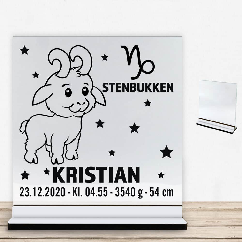 Stjernetegn design 2 - Stenbukken | Glasskilt inkl. fod med farvet overflade