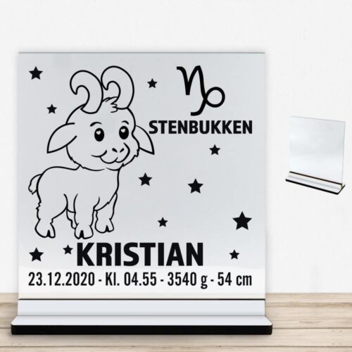 Stjernetegn design 2 - Stenbukken | Glasskilt inkl. fod med farvet overflade