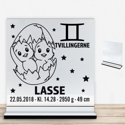 Stjernetegn design 2 - Tvillingerne | Glasskilt inkl. fod med farvet overflade