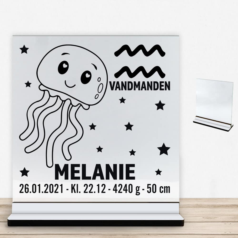 Stjernetegn design 2 - Vandmanden | Glasskilt inkl. fod med farvet overflade
