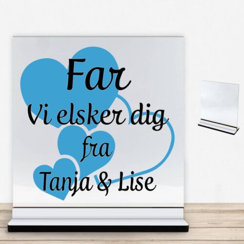 Alternative view of Far jeg elsker dig m. hjerter | Glasskilt inkl. fod med farvet overflade