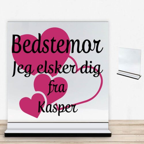 Bedstemor jeg elsker dig m. hjerter | Glasskilt inkl. fod med farvet overflade