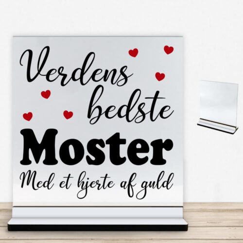 Verdens bedste moster - design 1 | Glasskilt inkl. fod med farvet overflade