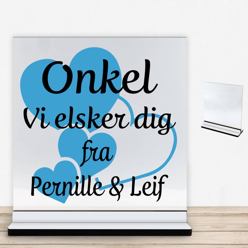 Onkel jeg elsker dig m. hjerter | Glasskilt inkl. fod med farvet overflade - Billede 2