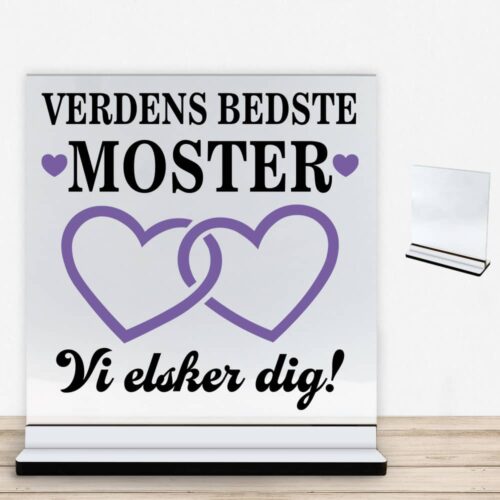 Alternative view of Verdens bedste moster - design 2 | Glasskilt inkl. fod med farvet overflade