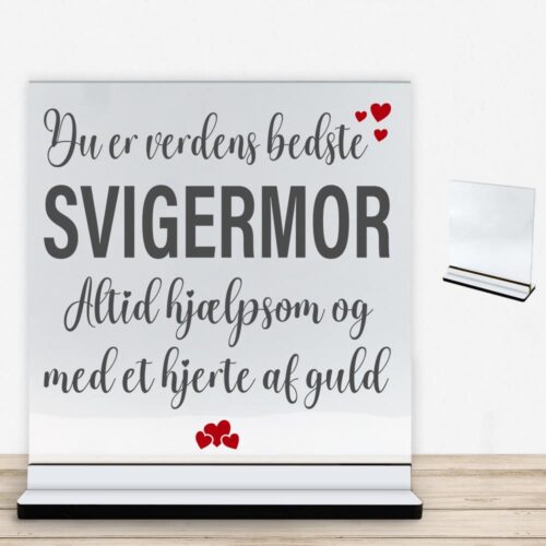 Verdens bedste svigermor #1 | Glasskilt inkl. fod med farvet overflade