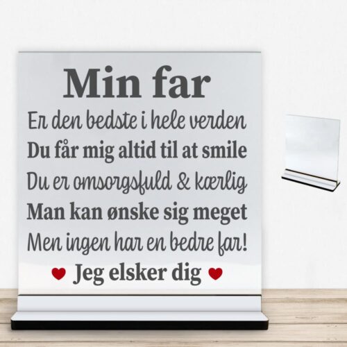 Min far, den bedste i hele verden | Glasskilt inkl. fod med farvet overflade