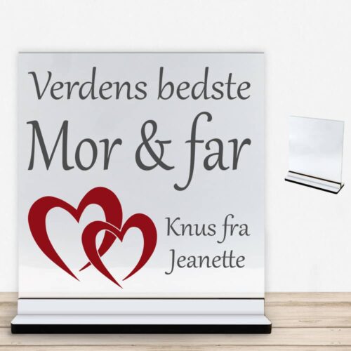 Verdens bedste mor & far | Glasskilt inkl. fod med farvet overflade