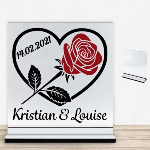 Hjerte m. rose design 1 | Glasskilt inkl. fod med farvet overflade