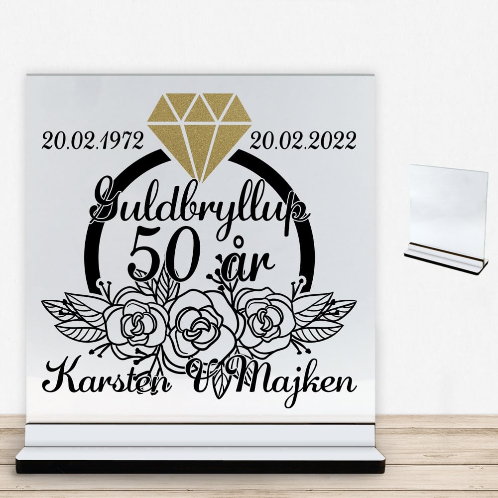 Guldbryllup 50 år #1 | Glasskilt inkl. fod med farvet overflade