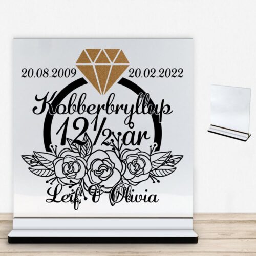 Kobberbryllup 12½ år #1 | Glasskilt inkl. fod med farvet overflade