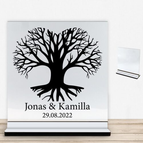 Hjertetræ m. navne | Glasskilt inkl. fod med farvet overflade