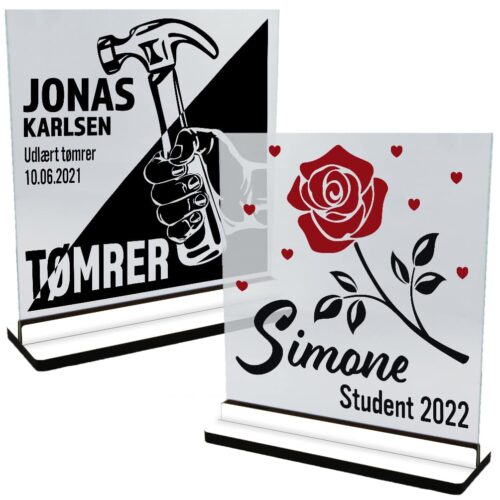 Student & erhverv | Glasskilte inkl. fod (farvet overflade)