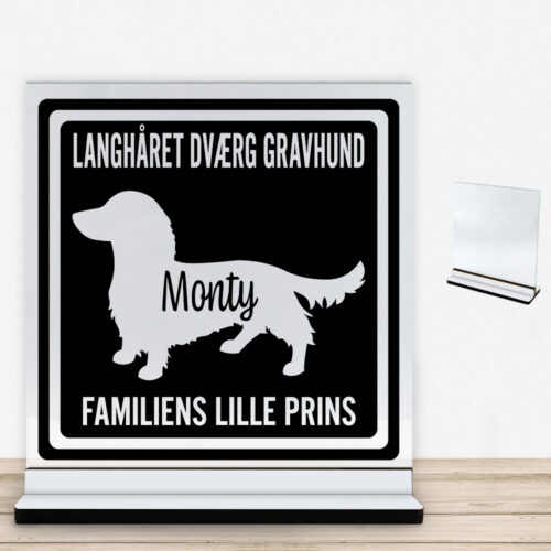 MyPets Langhåret Dværg Gravhund | Glasskilt inkl. fod med farvet overflade