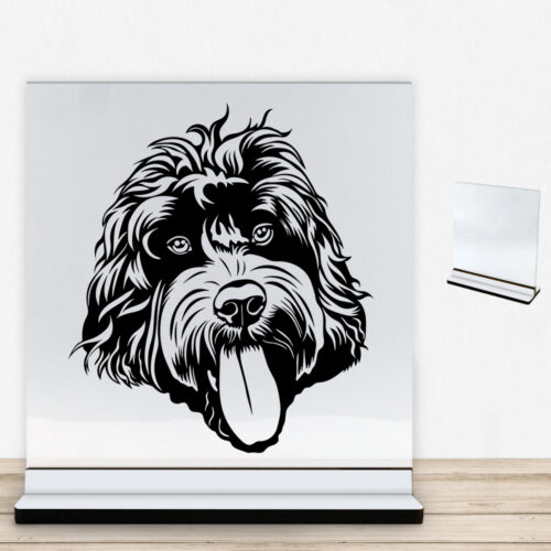 DogFace Cockerpoo | Glasskilt inkl. fod med farvet overflade
