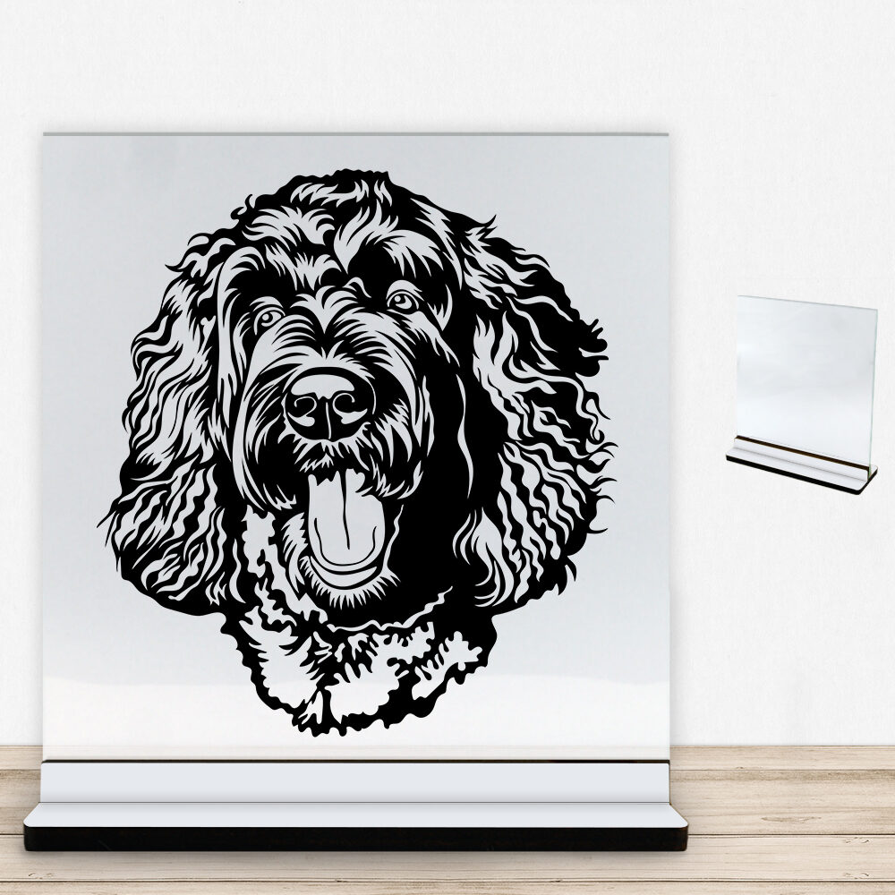 DogFace Labradoodle | Glasskilt inkl. fod med farvet overflade