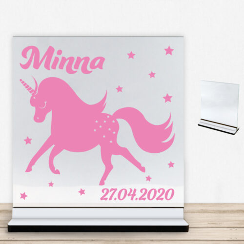 Enhjørning design 1 | Glasskilt inkl. fod med farvet overflade