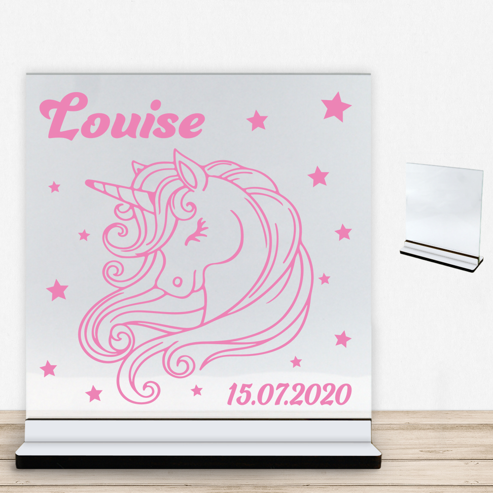 Enhjørning design 8 | Glasskilt inkl. fod med farvet overflade