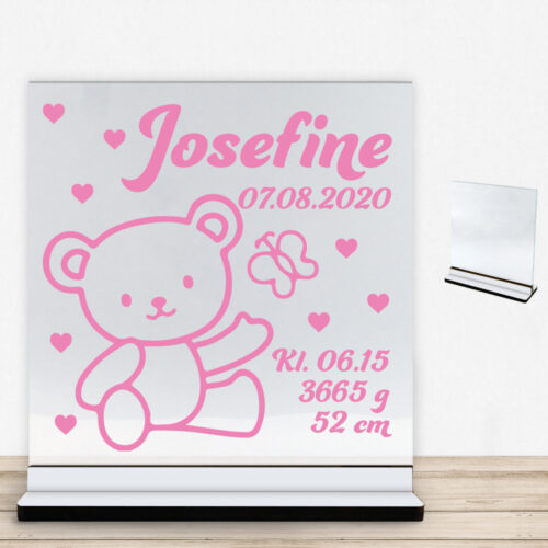 Bamsen Bimmer m. fødselsdata | Glasskilt inkl. fod med farvet overflade