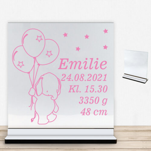Elefanten Elaf m. fødselsdata | Glasskilt inkl. fod med farvet overflade