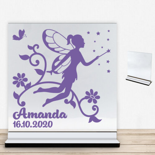 Flowering Fairy design 12 m. eget navn & dato | Glasskilt inkl. fod med farvet overflade
