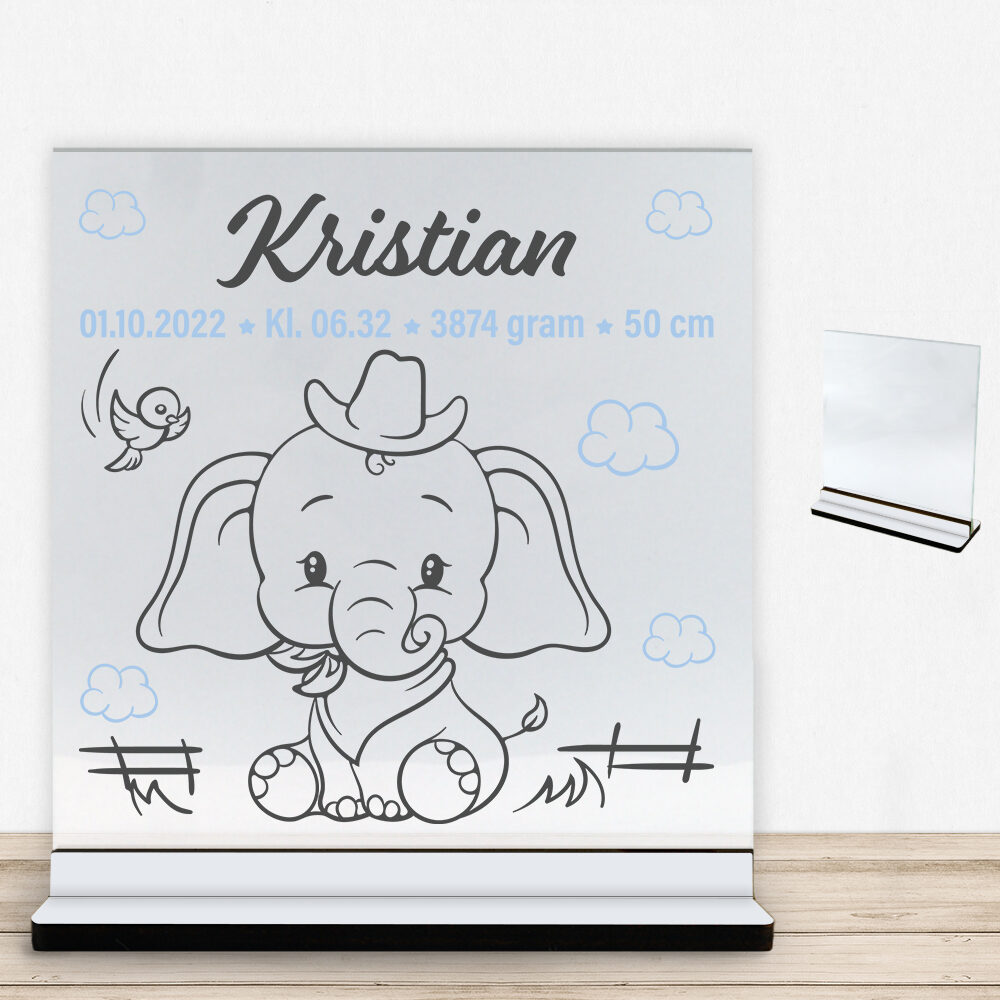 Den lille elefant #3 m. fødselsdata | Glasskilt inkl. fod med farvet overflade
