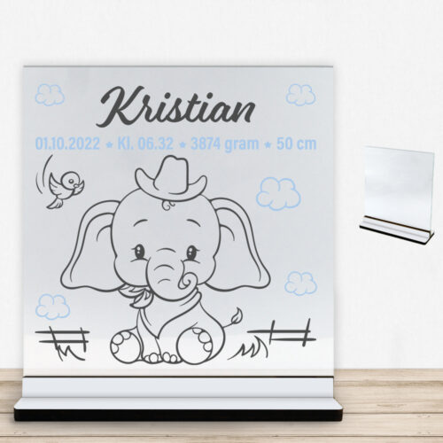 Den lille elefant #3 m. fødselsdata | Glasskilt inkl. fod med farvet overflade