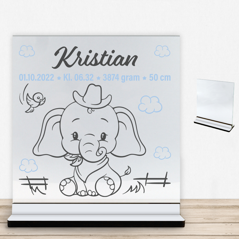 Den lille elefant #3 m. fødselsdata | Glasskilt inkl. fod med farvet overflade