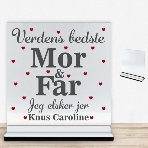 Verdens bedste mor & far | Glasskilt inkl. fod med farvet overflade