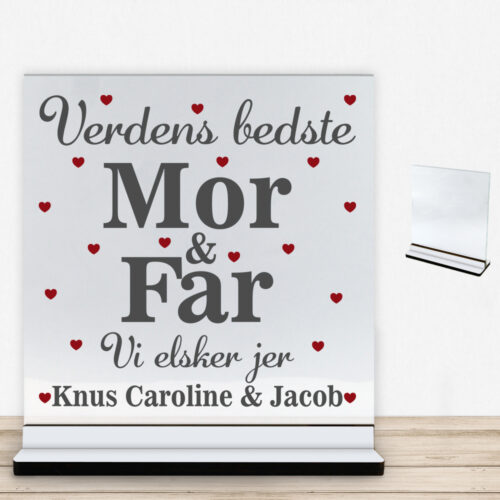 Alternative view of Verdens bedste mor & far | Glasskilt inkl. fod med farvet overflade