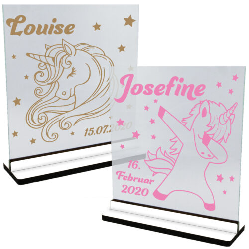 En verden af enhjørninger | Glasskilte-serie inkl. fod (farvet overflade)