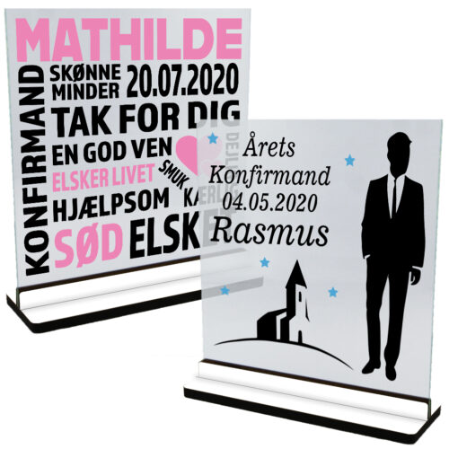 Konfirmation & nonfirmation | Glasskilte inkl. fod (farvet overflade)