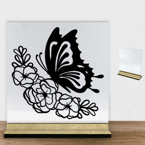 Butterfly with flowers design 1 | Glasskilt inkl. fod (træfiber)