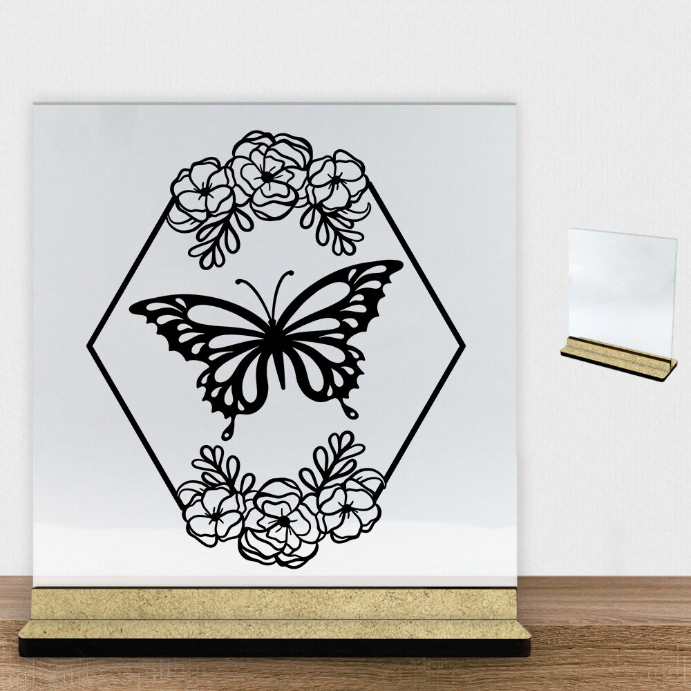 ButterflyHexagon | Glasskilt inkl. fod (træfiber)