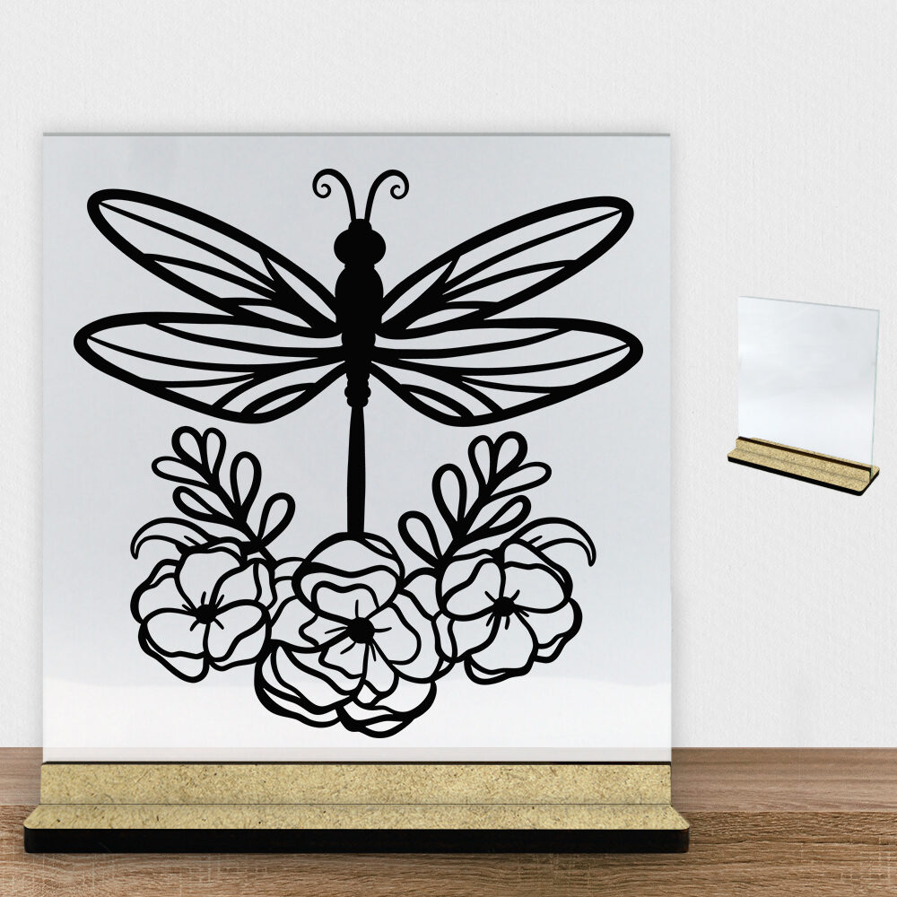 Dragonfly with flowers | Glasskilt inkl. fod (træfiber)