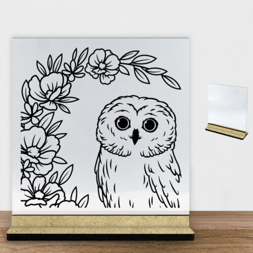 Ugle m. blomster design 1 | Glasskilt inkl. fod (træfiber)