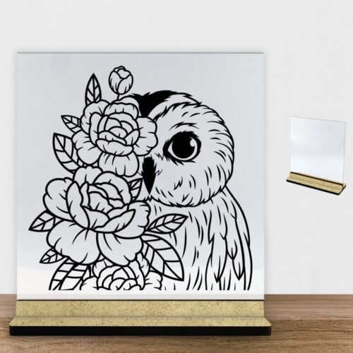 Ugle m. blomster design 2 | Glasskilt inkl. fod (træfiber)