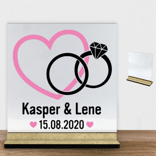 Hjerte m. ringe design 1 | Glasskilt inkl. fod (træfiber)